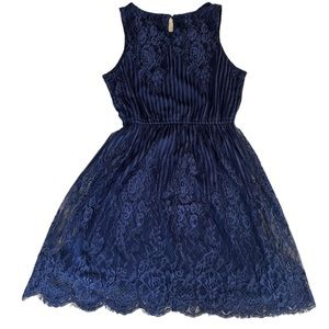 Xhileration Navy Blue Lace Dress Womens S Sleeveless Elastic Waist Slip Lined